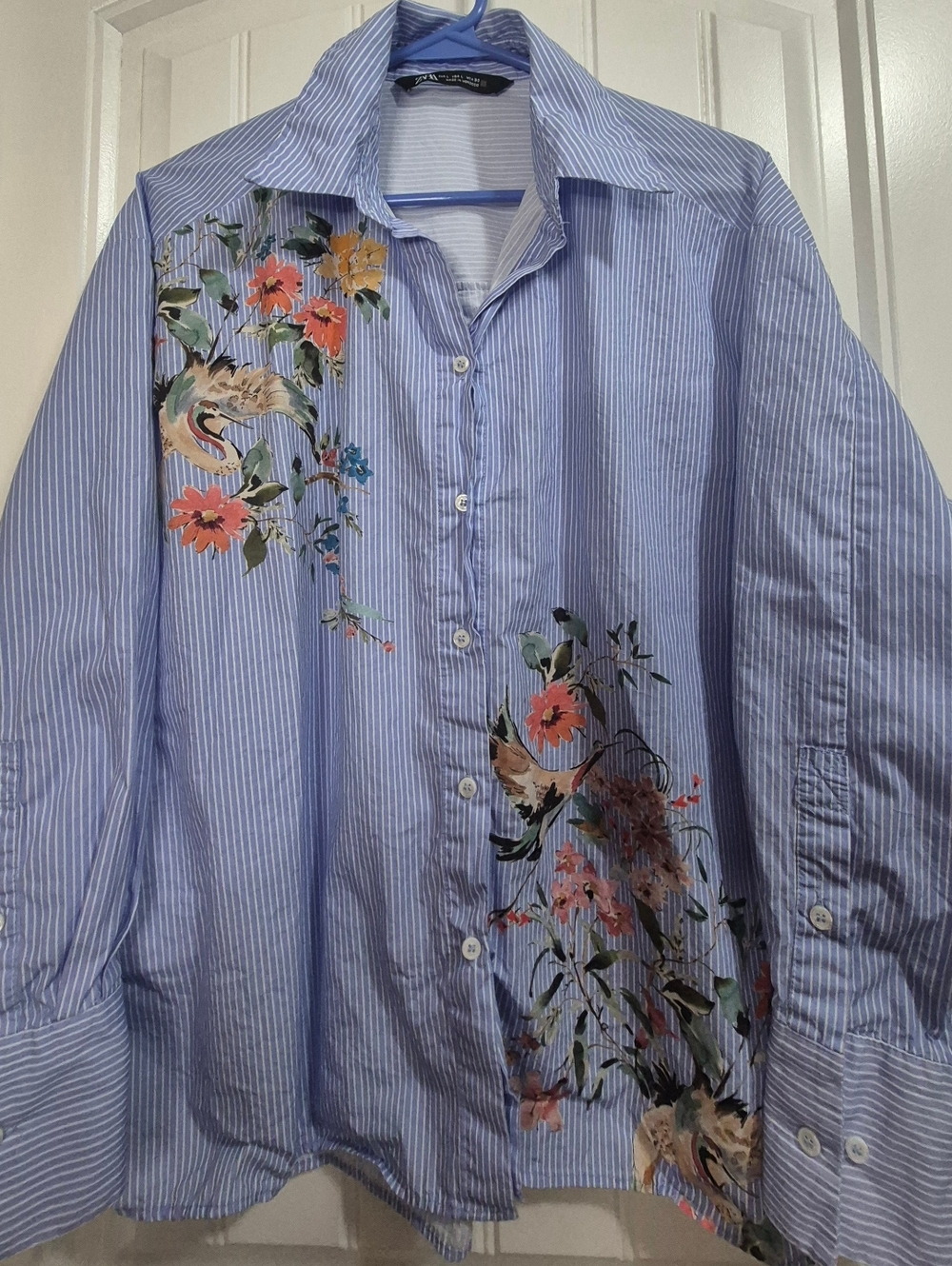 Womens Zara Cotton Floral/Bird Print Blouse Size Large